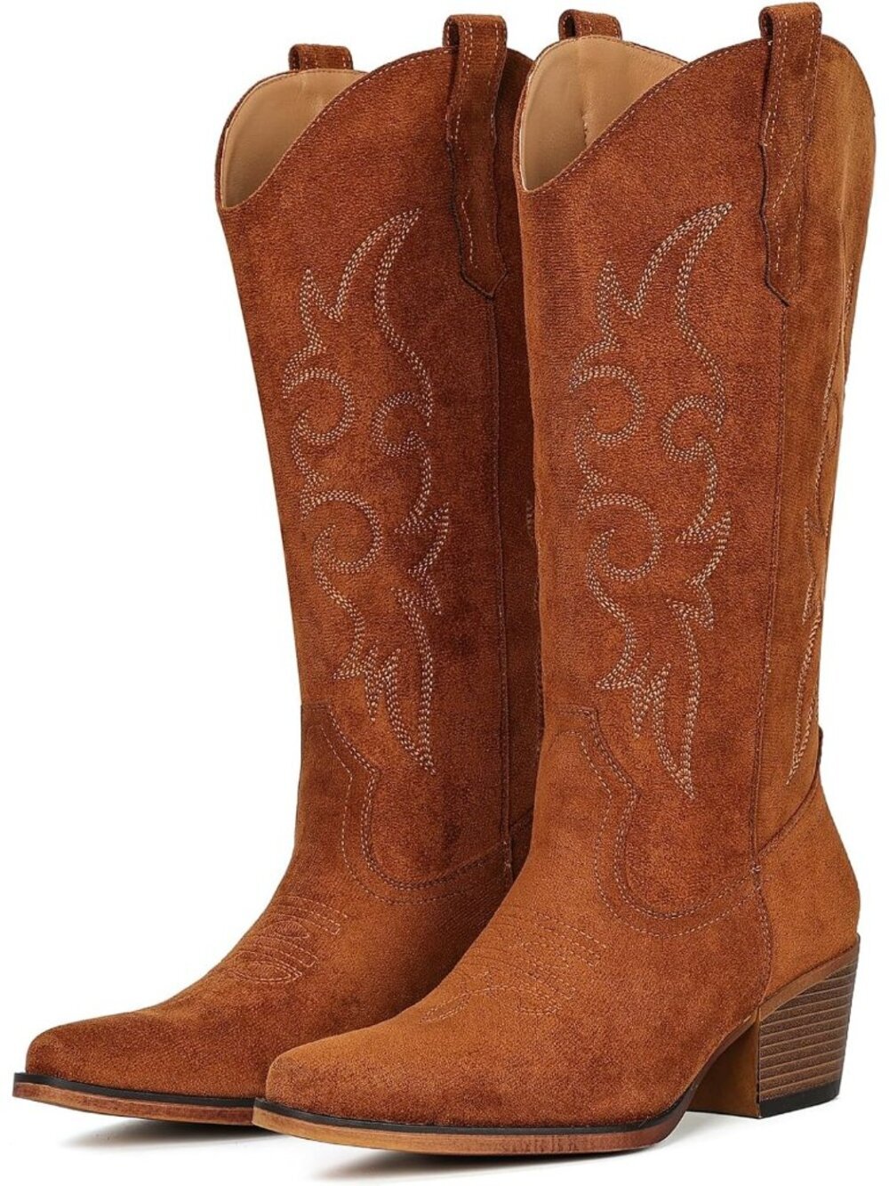 Women’s Brown Suede Western Cowgirl Cowboy Boots Mid-Calf Snip Toe Chunky Heel
